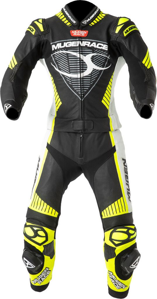 MUGENRACE Impegnato-D perforierte Damen 2-Teiler Motorrad Lederkombi, schwarz/weiß/neon-gelb, 36