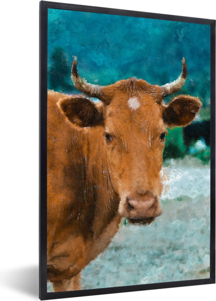 MuchoWow MuchoWow Gerahmtes Poster Kuh - Braun - Horn 20x30 cm - Poster mit zchwarzem Bilderrahmen - Drucken - Bilder Poster im Rahmen