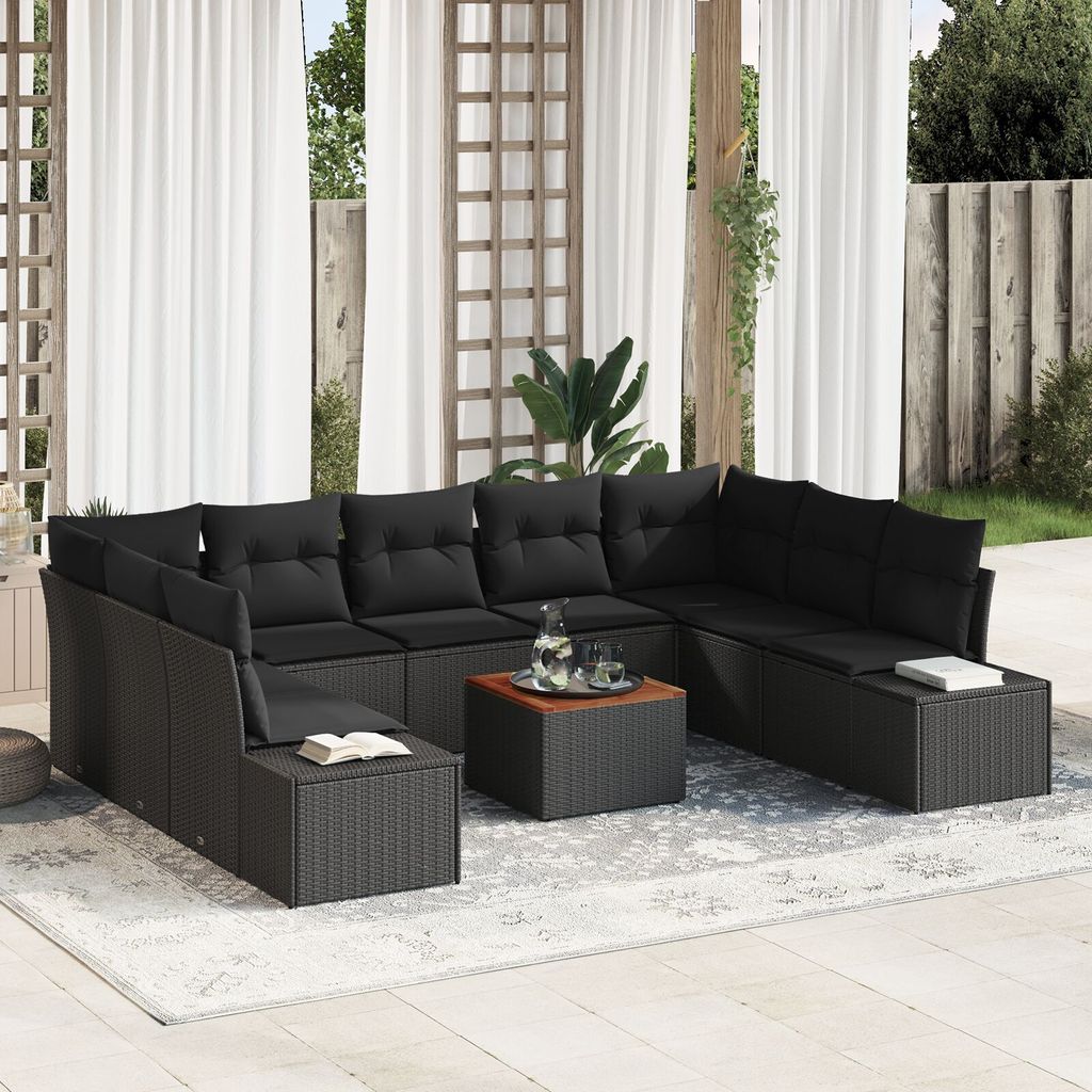 ZMH 10-Teiliges Garten Sofa Set mit Kissen Schwarz Poly Rattan Akazie