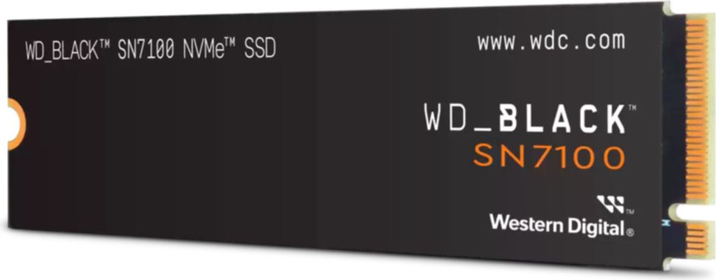 A product shot of a WD_BLACK SN7100 NVMe SSD.