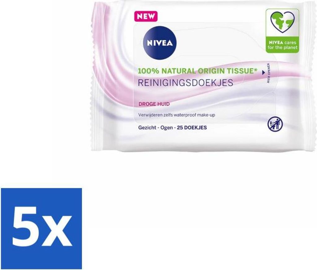 NIVEA – Reinigungstücher – Beruhigend – Trockene Haut – Entfernt wasserfestes Make-up – 25 Tücher - Vorteilspack - 5 Stücke