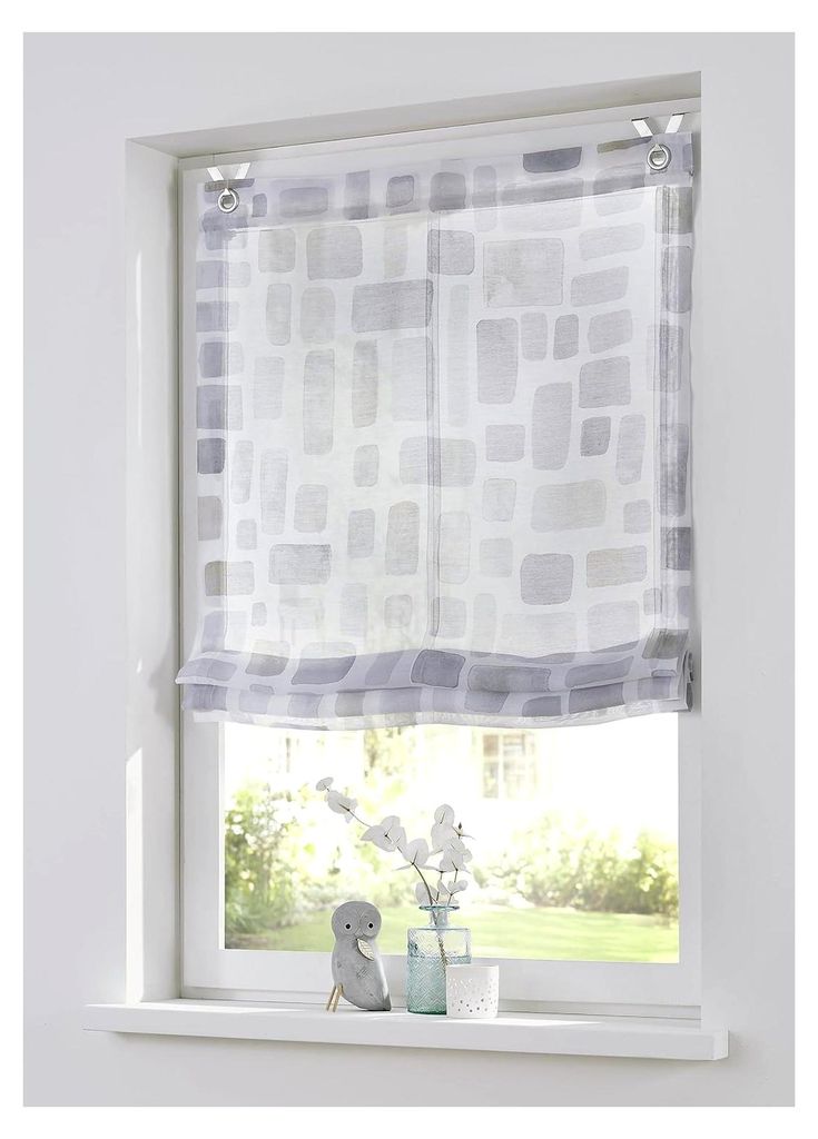Weißes Raffrollo mit Hakenaufhängung, halbtransparent, moderne Raffgardine mit Ösen, grau und taupe bedruckt, pflegeleicht aus Polyester, 100 x ...
