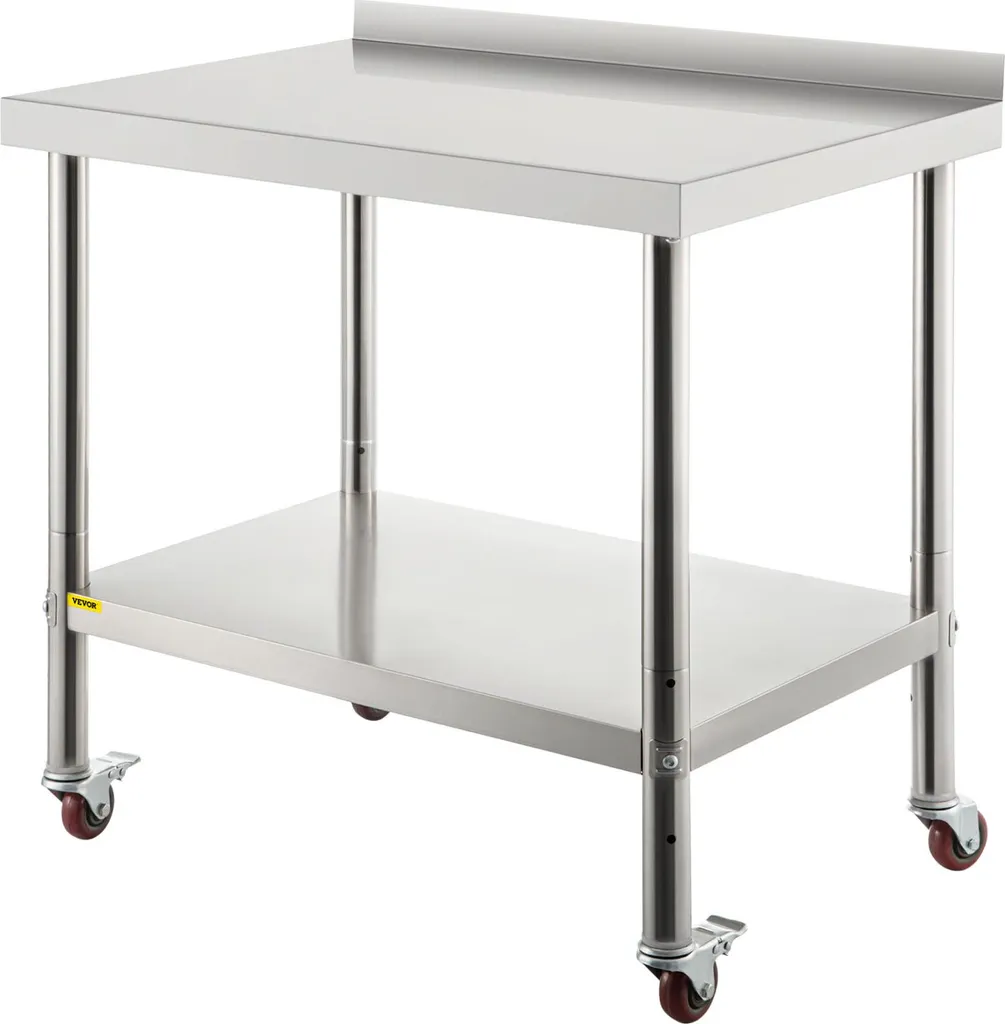 Table en inox réglable avec tablette de rangement et roues pivotantes
