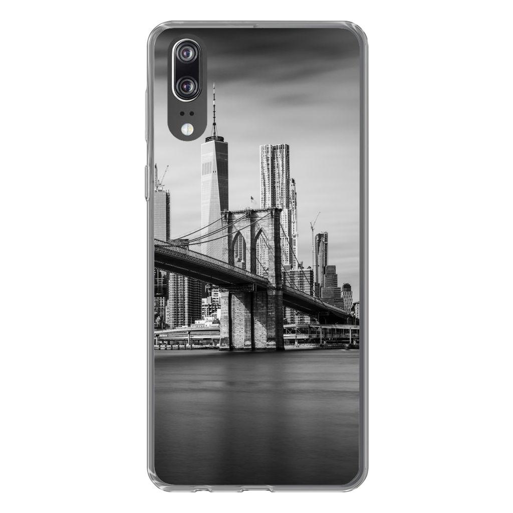 MuchoWow Handyhülle Schutzhülle Hülle für Huawei P20 Architektur - New York - Brooklyn Bridge - Wasser - Schwarz und weiß Silikon Softcase H...