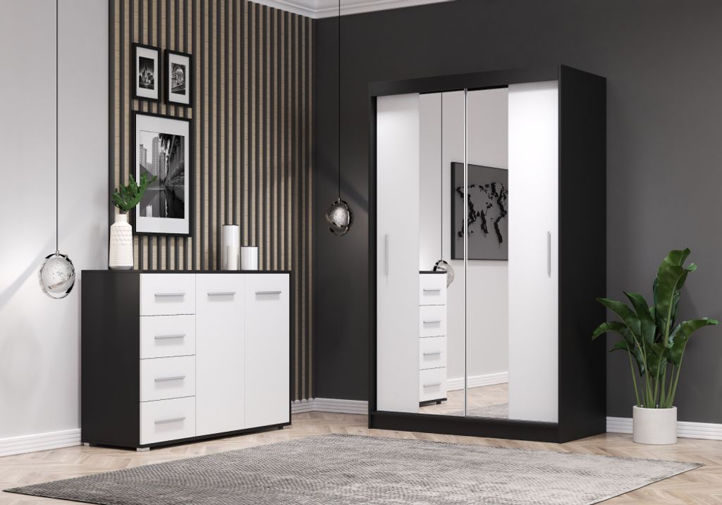 2er-Set Schwebetürenschrank Schrank Kleiderschrank mit Spiegel Schwarz/Weiß 120cm NEOMI 01 mit Kommode 135cm FRIDA 01