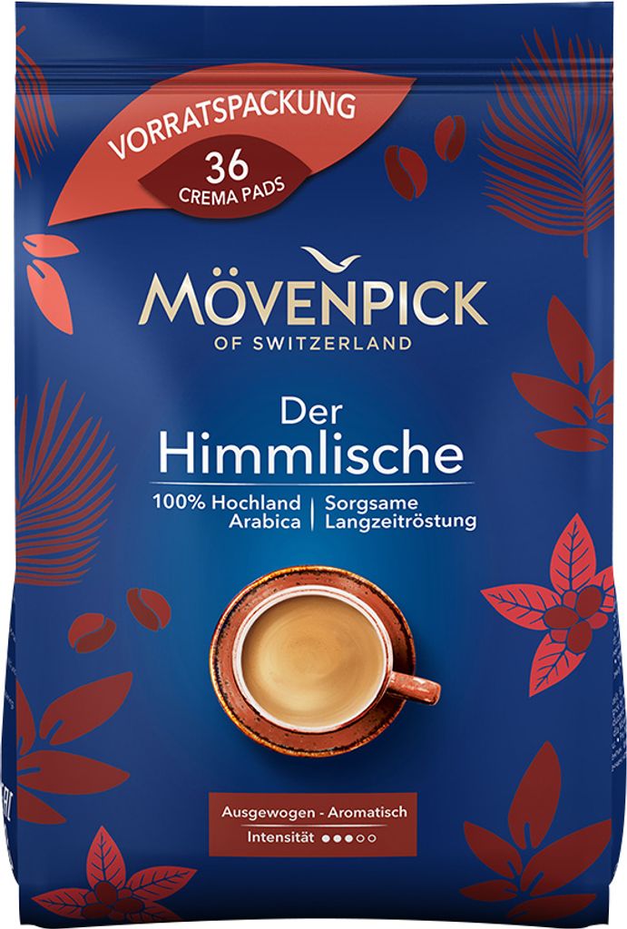 A bag of Mövenpick coffee pads with a cup of coffee shown.