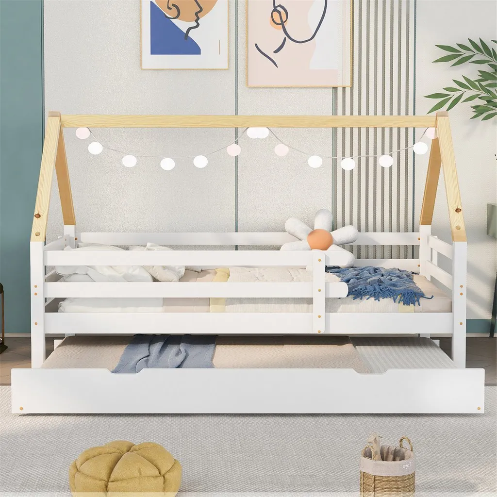 Lit cabane enfant 90x200cm bois massif avec sommier et lit gigogne