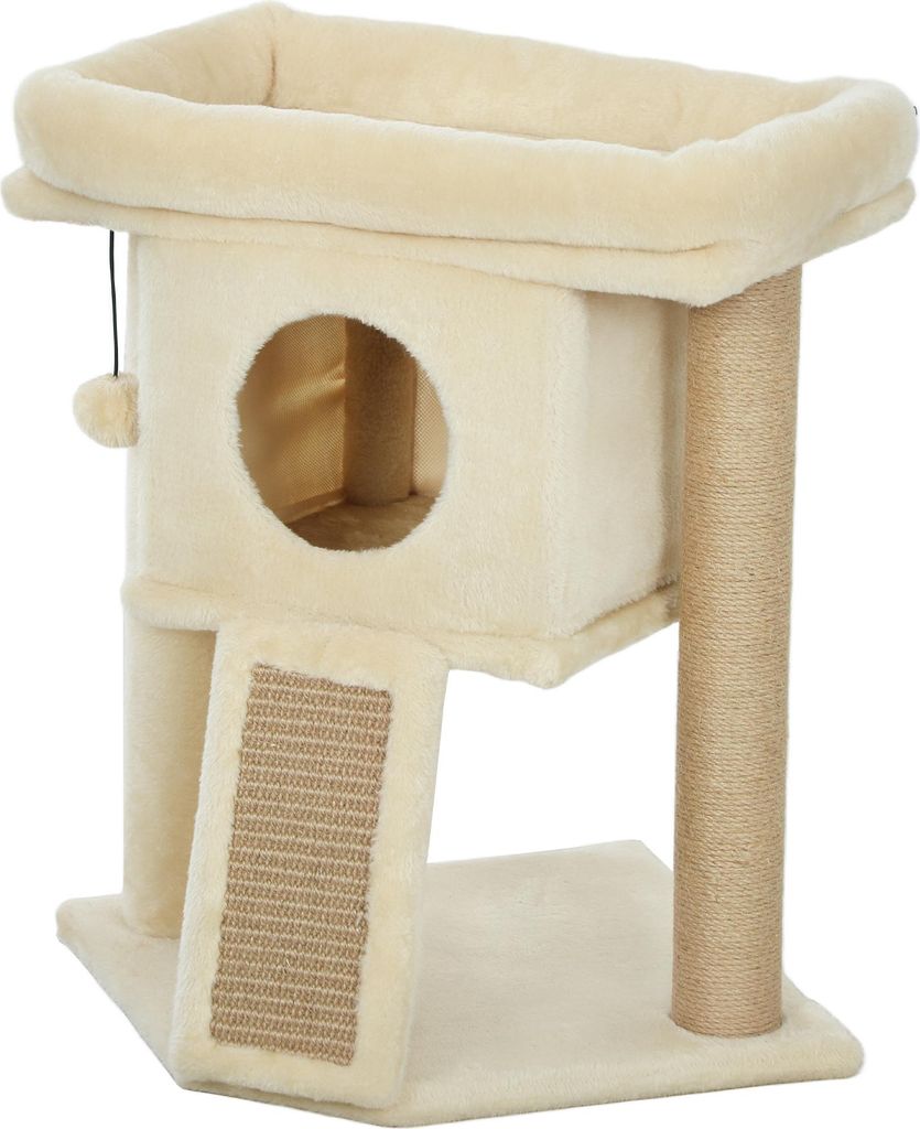 Kratzbaum mit Jute-Kratzmatte, Liegeplattform, Spielball, Katzenhaus, Beige, 40 x 40 x 57 cm