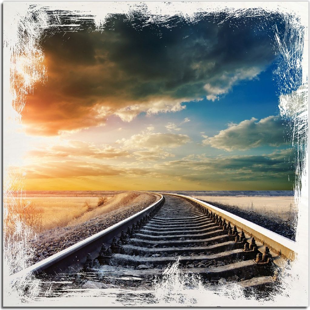Kunstdrucke Wandbilder Holz in : Brillante Farben, Größe 50 x 50 cm Motiv Bahnschienen ins Ungewisse