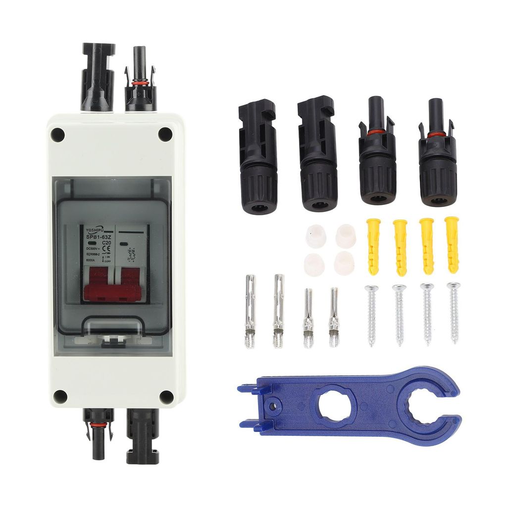 A collection of solar power components laid out on a white background.