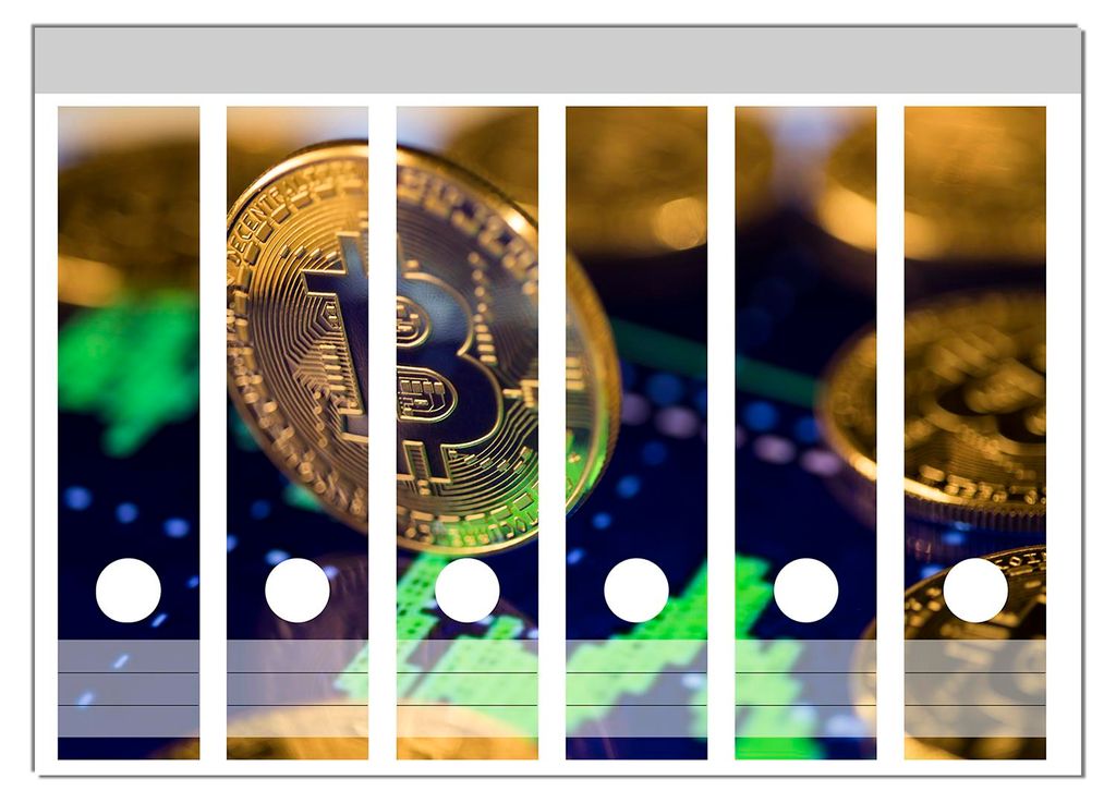 Wallario Ordnerrücken Sticker, selbstklebend für breite Ordner, 6 Stück, Motiv Bitcoin im Marktgeschehen