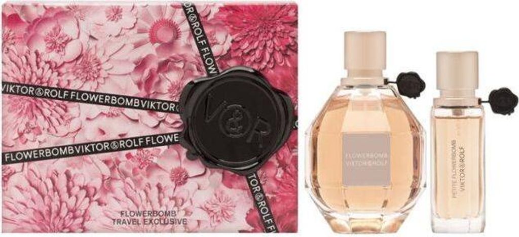 A gift set of Viktor & Rolf Flowerbomb perfume, including a large bottle and a travel-sized bottle, alongside the product packaging.