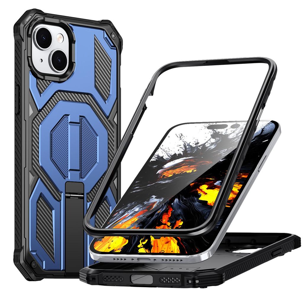 Magnetische Hülle für iPhone 15 Plus / iPhone 14 Plus, Kompatibel mit MagSafe, Mit Metall-Ständer, Militärischer Stoßschutz Handyhülle Blau