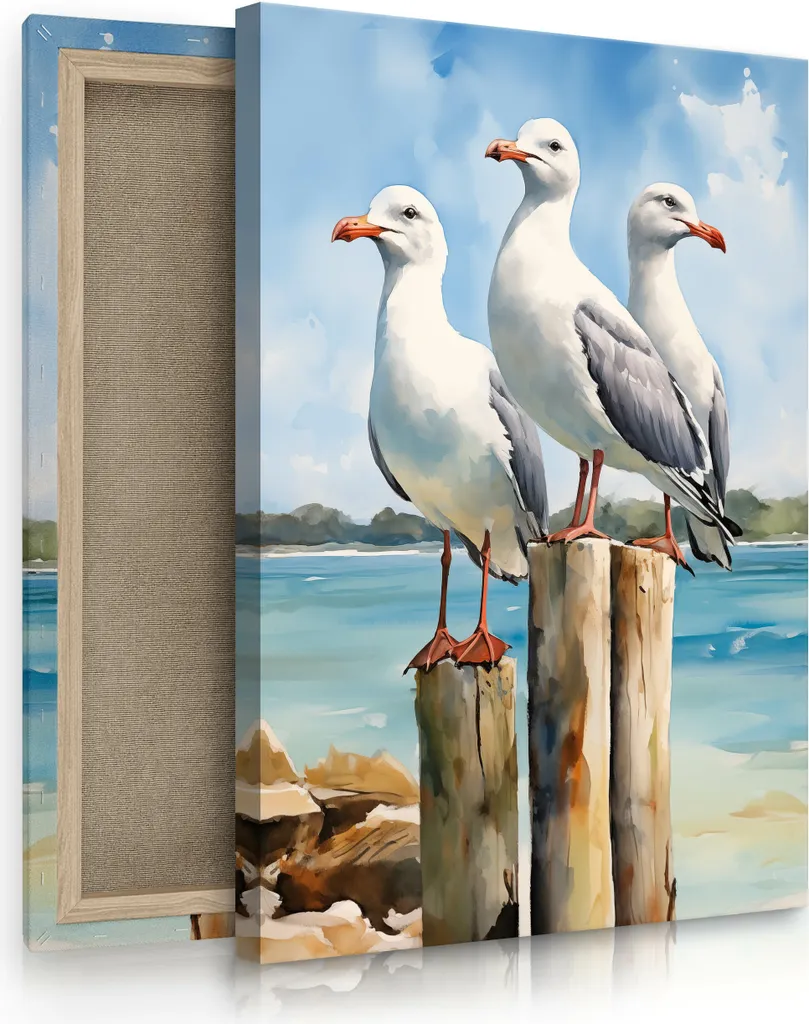 Stampa Canvas XXL Gabbiani Mare 80x120 cm - Quadro Moderno Murale