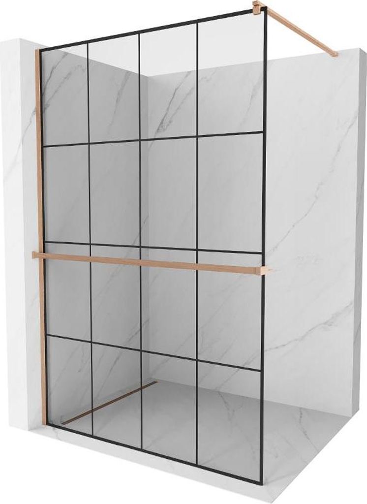 Mexen Kioto+ Duschwand mit Walk-in Regal 130 x 200 cm, schwarzes Muster, gebürstetes Messing - 800-130-121-65-77