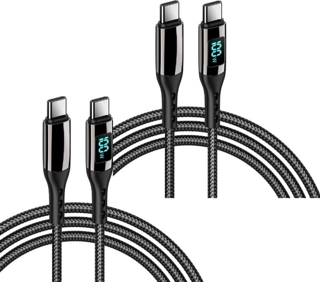 INF 2er-Pack PD100W geflochtenes Datenkabel Typ-C auf Typ-C-Digitalanzeige Schwarz 1 Mio.