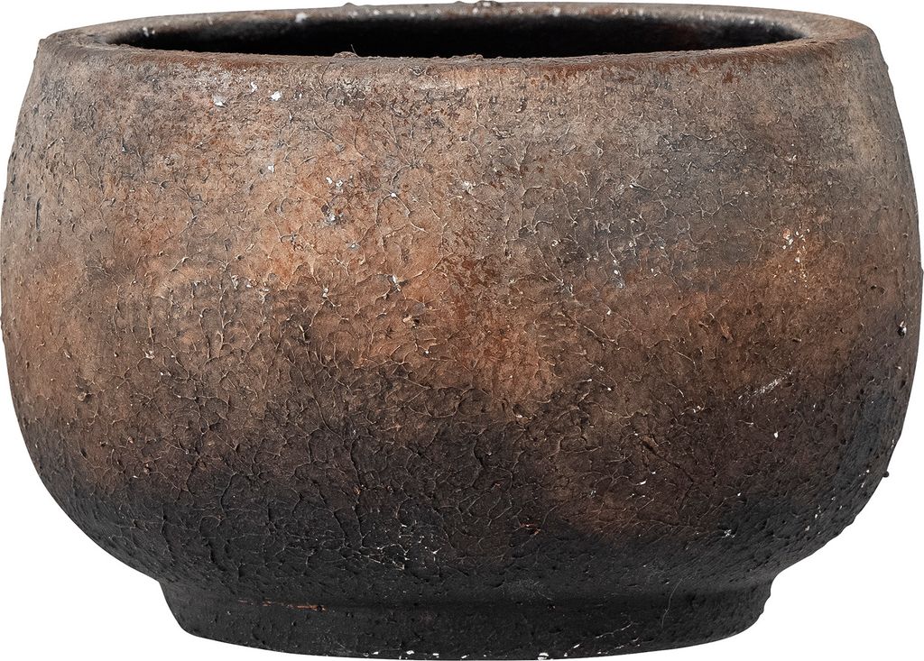 A close-up studio shot of a brown, textured planter pot.