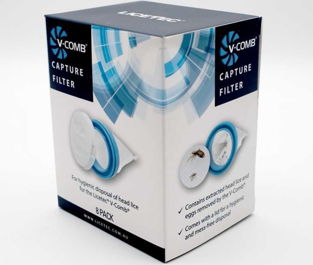 A product box for V-Comb capture filters.
