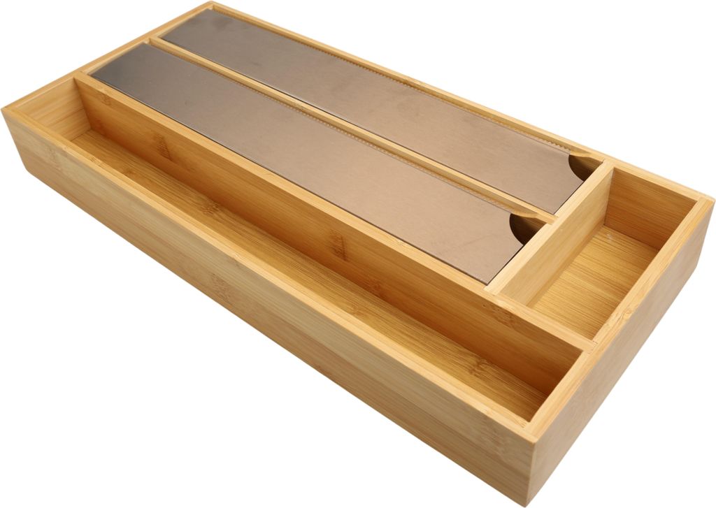 MOON HOME Folienspender mit 4 Fächern, Alufolie, Frischhaltefolie & Backpapier, aus Bambus/Holz, Edelstahl-Schneideklinge, Folienschneider