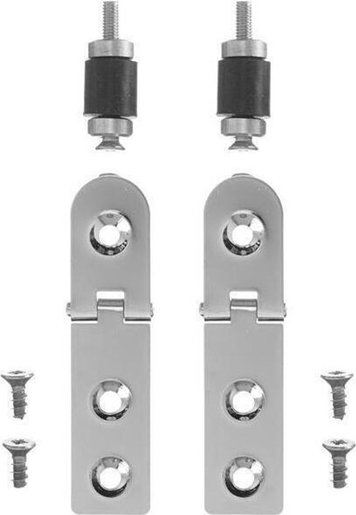 A set of two chrome-plated hinges with screws and mounting hardware, displayed against a white background.