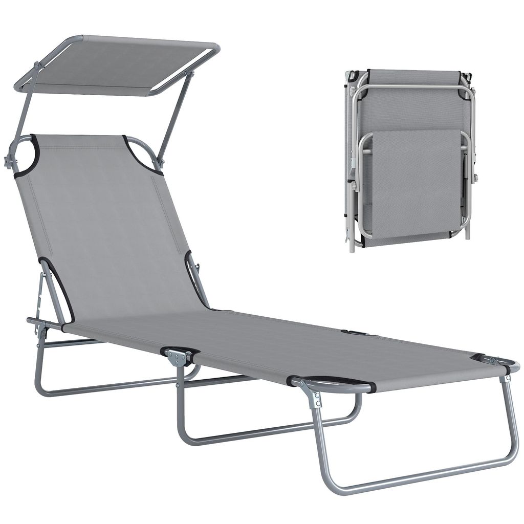 Liegestuhl, Deckstuhl, Campingliegestuhl, Gartenliegestuhl, Klappliegestuhl mit Sonnendach, vier verstellbare Positionen, Tragfähigkeit 120 kg,Grau