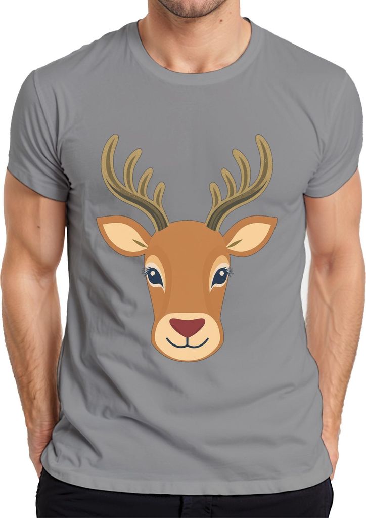 Hirschkopf Rehkopf Niedlich Kinder Waldbewohner Tiermotiv Boho Herren T-Shirt, Grau, L