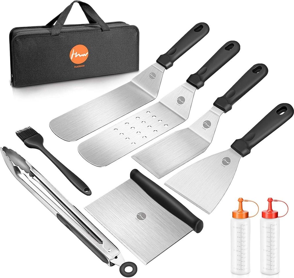 Spatelset Edelstahl 9 Teile Flaches Besteckset Professionelle BBQ-Zubehör mit Turer Pinsel Flaschen und Tragetasche für Grillen im Freien