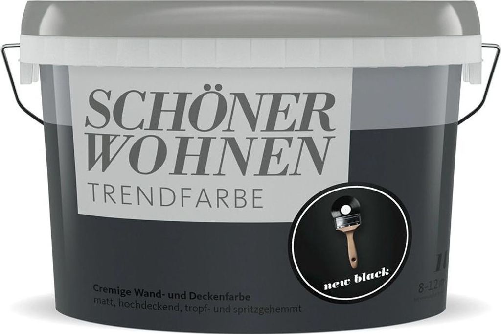 A bucket of black paint with branding and product information.
