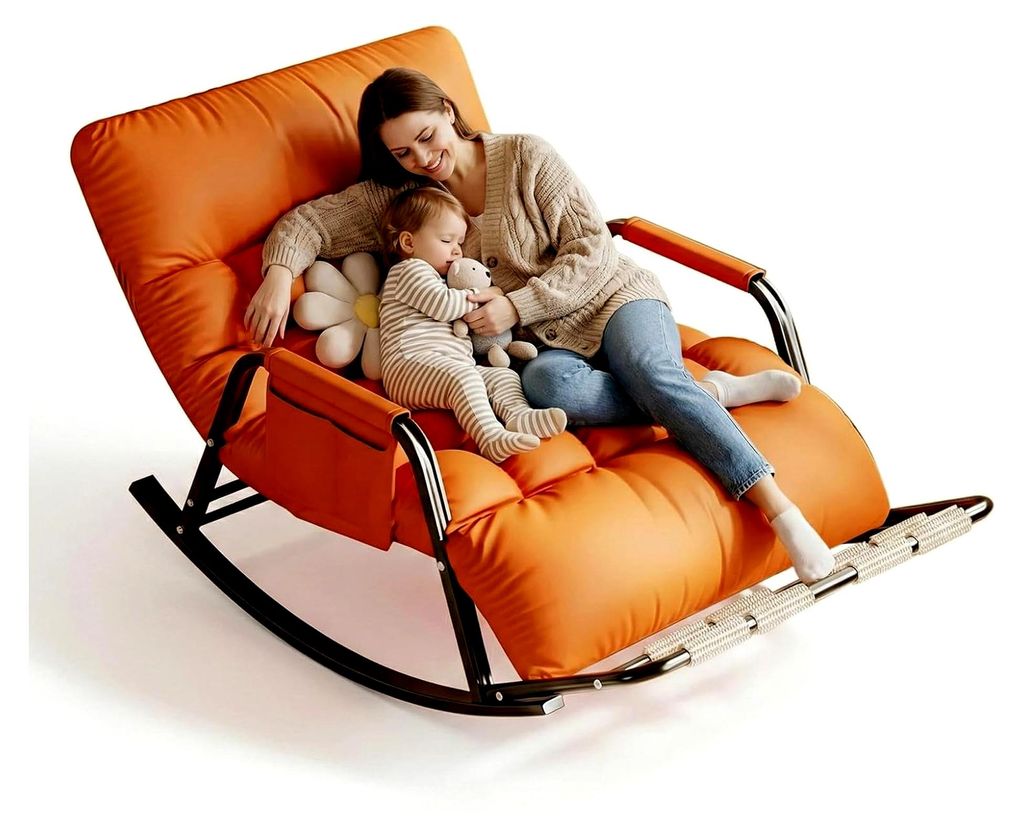 Schaukelsessel mit Massage-Fußstütze, ergonomisch verstellbare Rückenlehne, katzenkratzfestes Material, Grau & Orange, 93x111x50 cm, belastbar b...