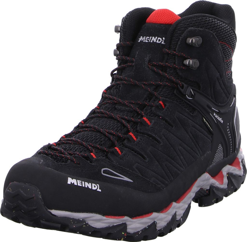 A single black and red hiking boot is shown against a white background.