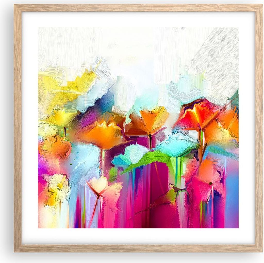 Gerahmtes Poster - Rahmen in heller Eiche - Blumen Wiese Sommer - 50x50 cm - Wand Bild - Wanddeko - Wandbilder - Wandposter - Bilderrahmen - Bilder...