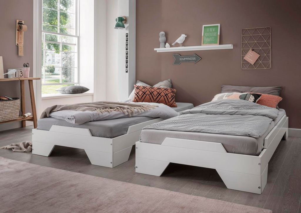 2er-Set Stapelbett 90x200cm 'Pisa' Buche massiv weiß lackiert