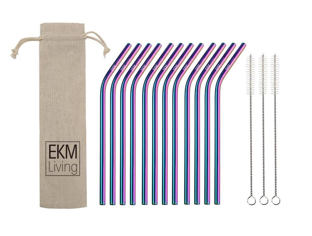 EKM Living Edelstahl Strohhalme 12er Set Rainbow gebogen GmbH, Trinkhalme, bruchfest, wiederverwendbar, spülmaschinengeeignet, plastikfrei (Rainbo...