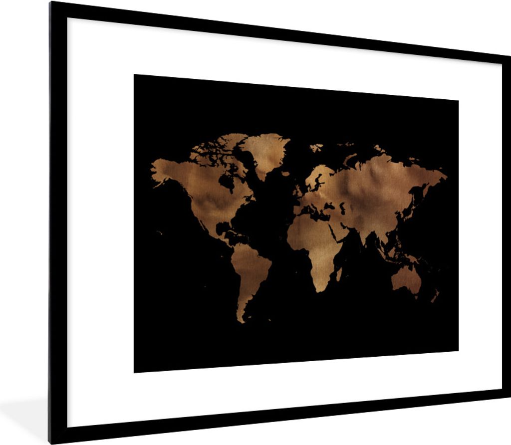 MuchoWow Gerahmtes Poster Weltkarte - Braun - Schwarz 80x60 cm - Poster mit Schwarzem Bilderrahmen Wandposter Rahmen Foto Bilder - Schlafzimmer-D...