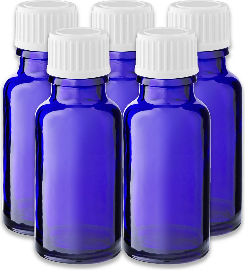 5x Blaue Glasflasche 20 ml mit weißem PP-Schraubverschluss 18/415 leer