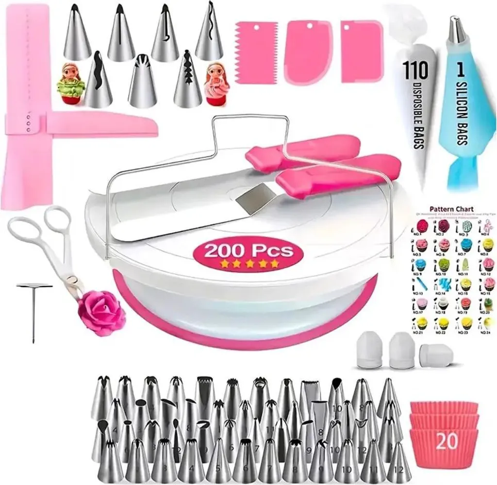Set Decorazione Torte Livello Pro: Piatto Girevole + 48 Punte Inox