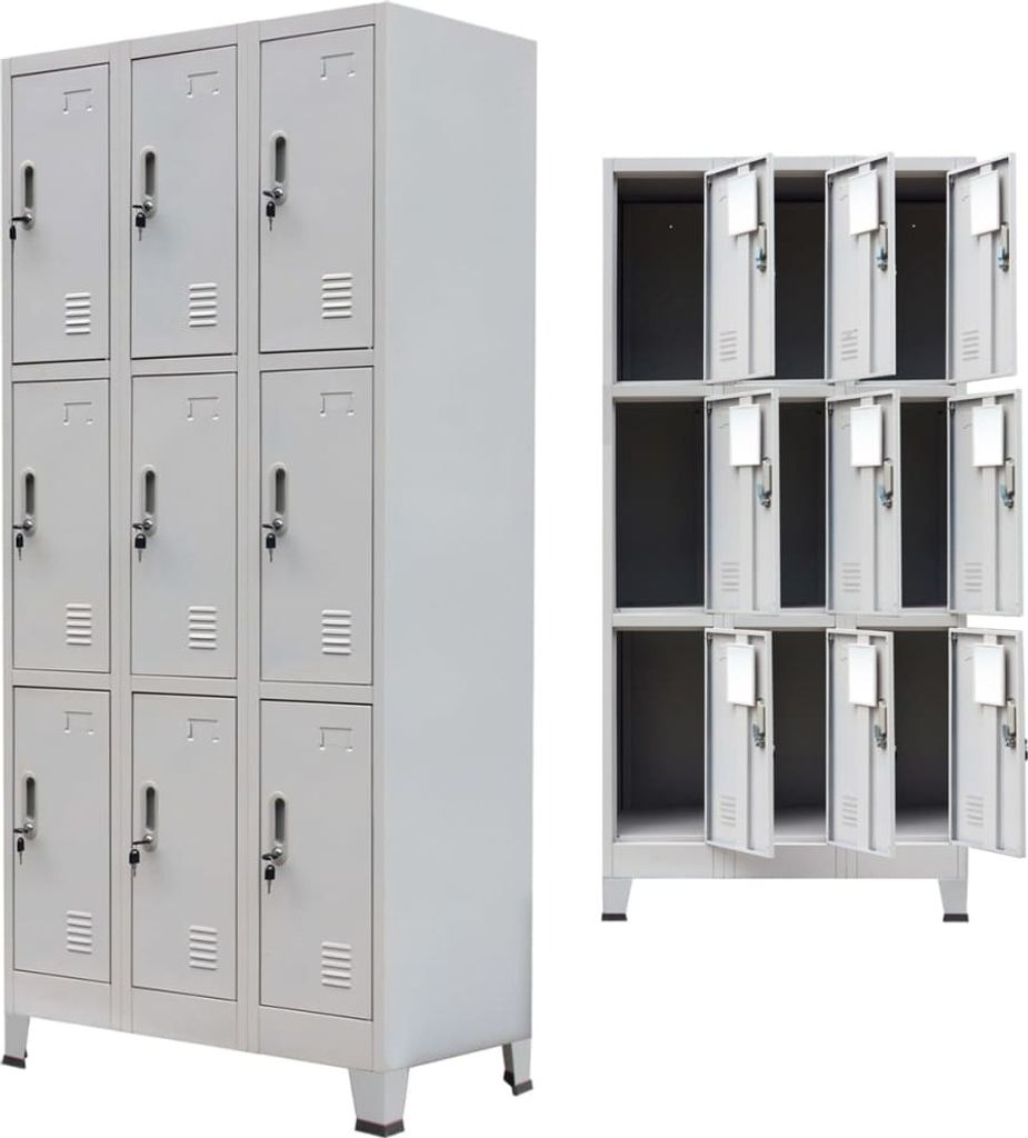 A collage of two images showing a gray metal locker unit with 9 compartments on the left, and a similar locker unit with doors open on the right.