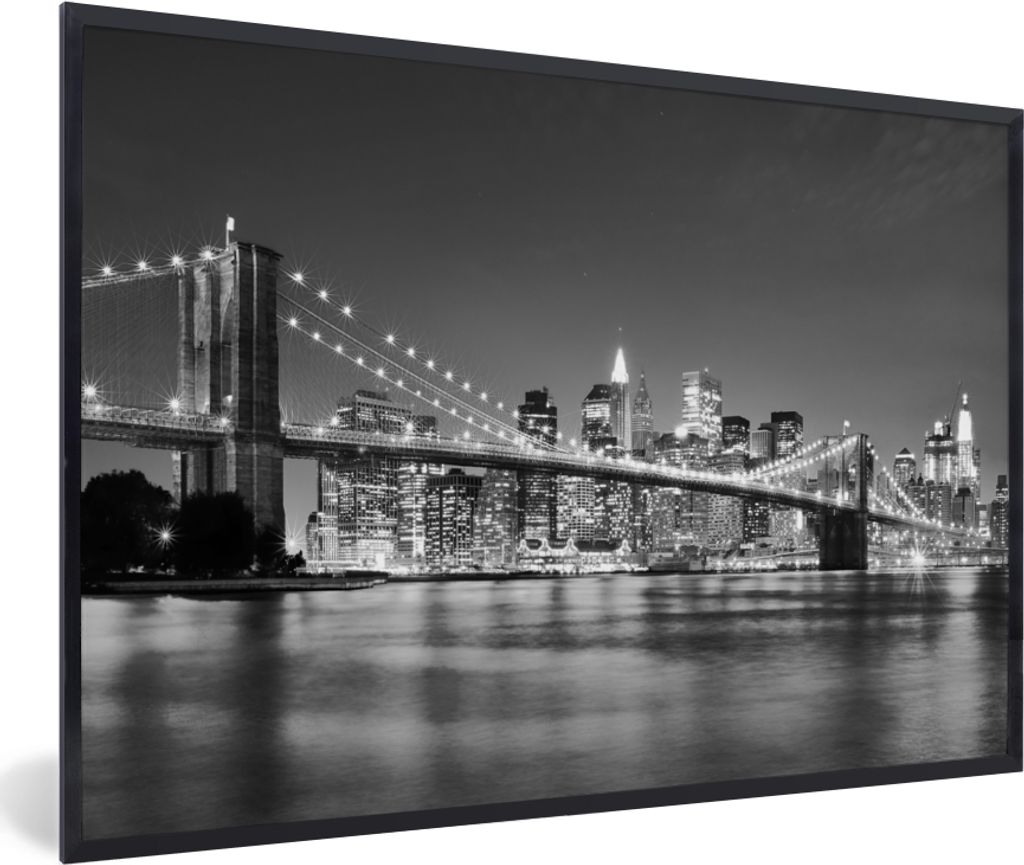 MuchoWow Gerahmtes Poster New York - Brücke - Brooklyn - Schwarz und weiß - Architektur 60x40 cm - Poster mit Schwarzem Bilderrahmen Wandposter...