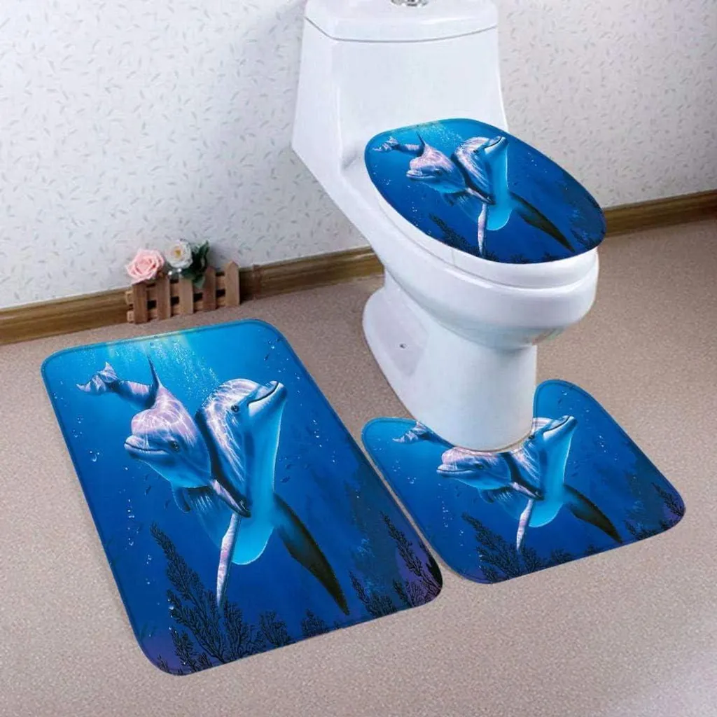 Lot de tapis de bain antidérapants Blue Dolphin avec housse WC luxe