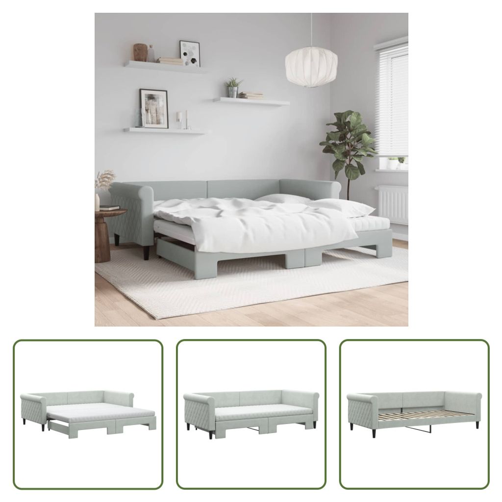 The Living Store Tagesbett Ausziehbar mit Matratzen Hellgrau 100x200 cm Samt