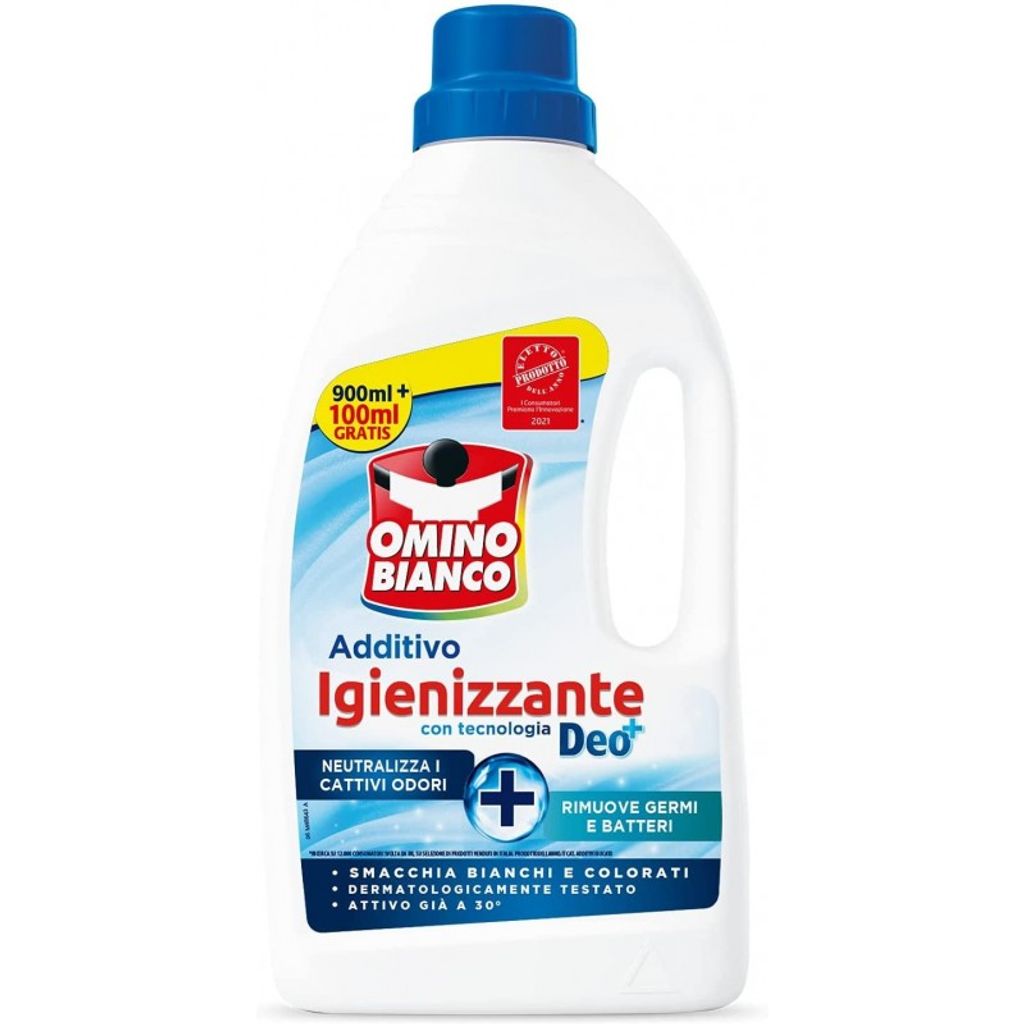 A white plastic bottle of Omino Bianco laundry additive.