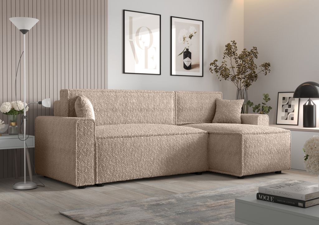 Ecksofa Alvito BIS, Farbe: Hellbraun. Material: Bouclé. A: B: 252 cm,H: 85 cm,Länge: 140 cm, Eckcouch, Schlafcouch, Sofa bed, Schlafsofa