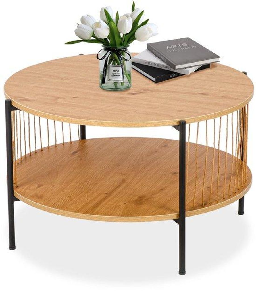 Moderne ronde salontafel aus massivem Holz in rustikalem Industrie-Stil