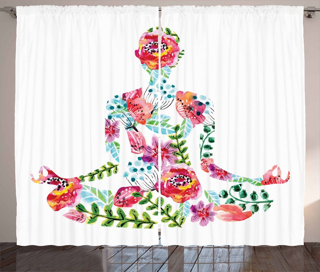 ABAKUHAUS Yoga Rustikaler Gardine, Silhouette mit Blumen, Schlafzimmer Kräuselband Vorhang mit Schlaufen und Haken, 280 x 245 cm, Mehrfarbig