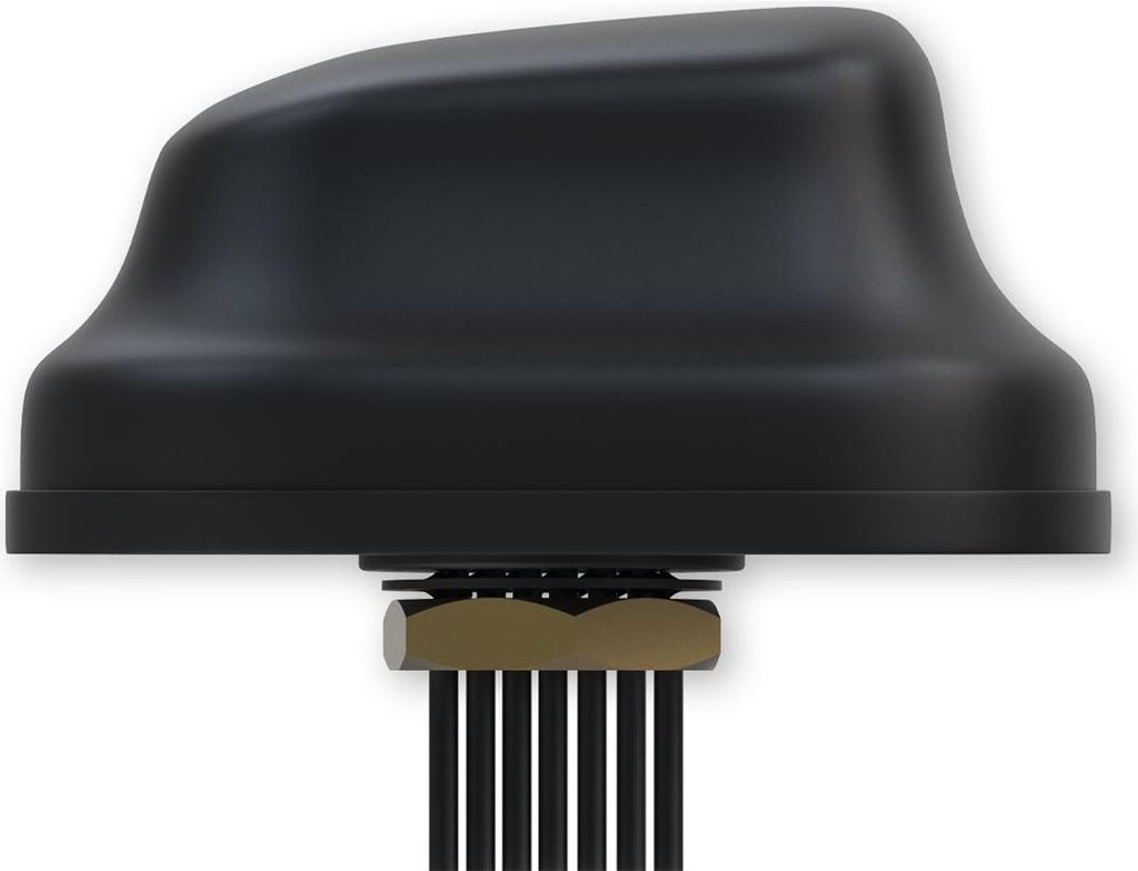 A close-up side view of a black antenna with gold hardware and black cables extending downwards, set against a white background.