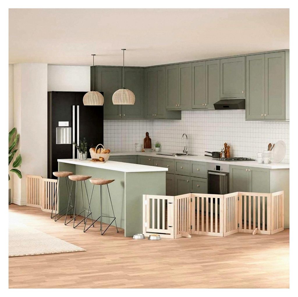 9-teiliges Hundetor mit Tür, faltbar, 450 cm, Pappelholz, freistehendes Hundegitter, modularer Haustierzaun für Türen, Treppen, Flure, Wohnzimme...