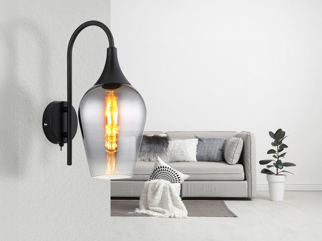 Ausgefallene LED Wandleuchten innen mit Schalter Lampenschirm Rauchglas, H 36cm
