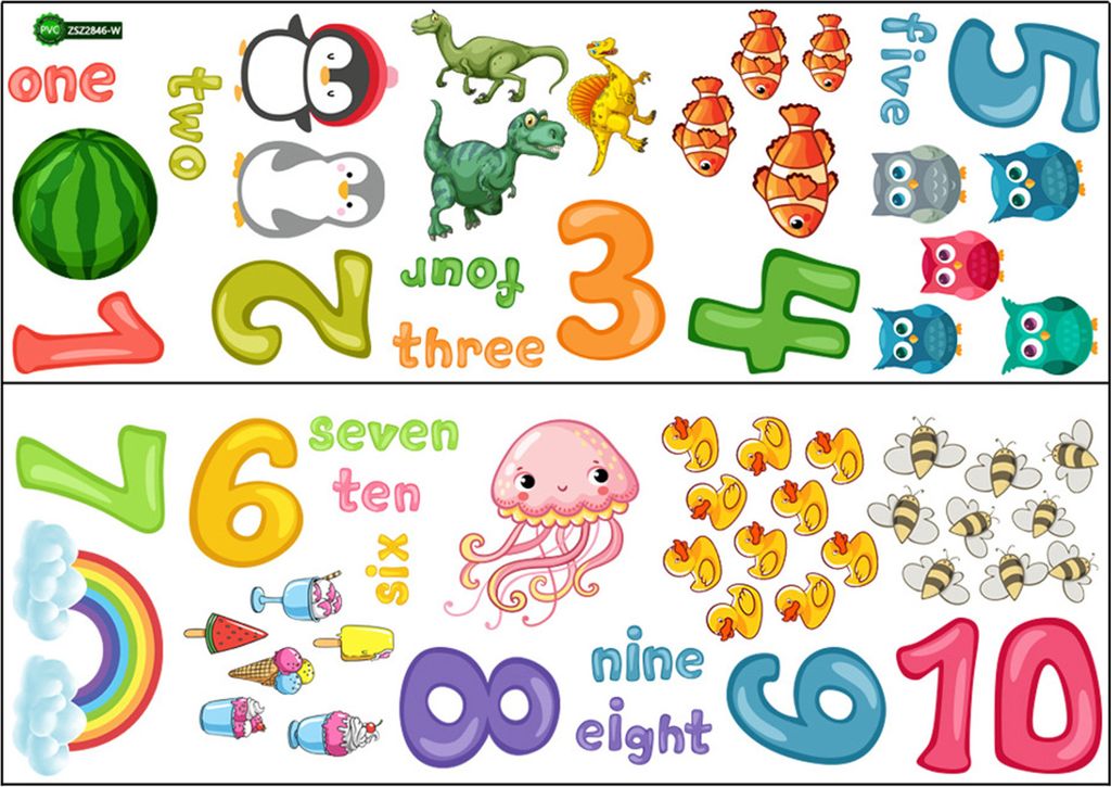 2 Teile/satz Anzahl Wand Aufkleber Cartoon 1-10 Zahlen Tier Englisch Wörter Pädagogisches PVC Wohnzimmer Anzahl Lernen Wand Aufkleber kindergarte...