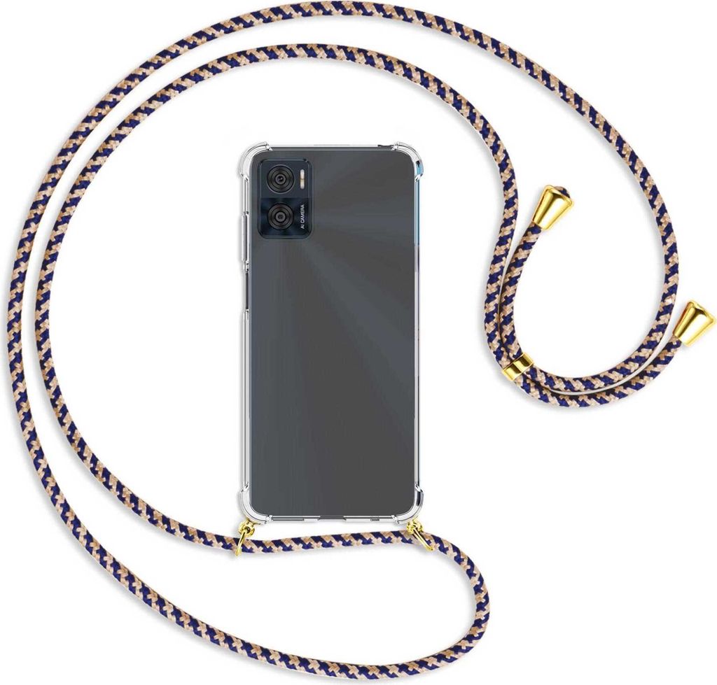 Handykette Backcover-Schutzhülle mit Band (Metall goldfarben) für Motorola Moto E22, Moto E22i 4G - blau+beige