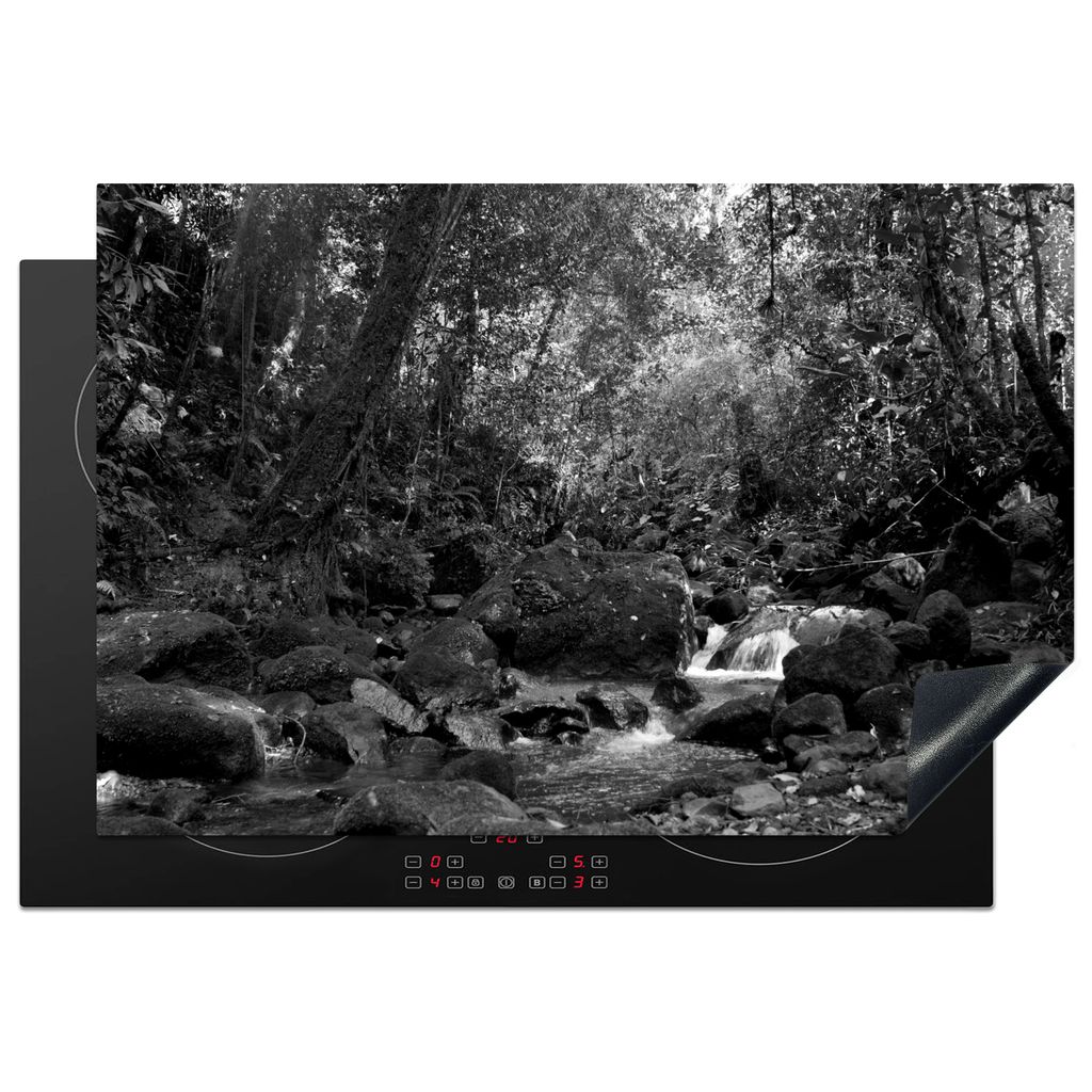 KitchenYeah Herdabdeckplatte Bach im Regenwald - schwarz und weiß , 78x52cm, Küche Deko, Glaskeramikkochfeld Herdabdeckung, Abdeckplatte fùr K...
